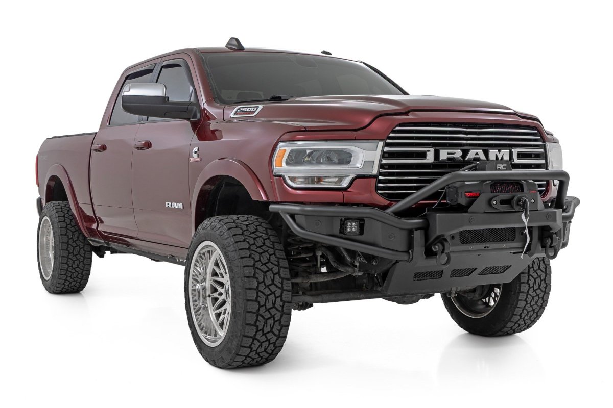 Ram 2500 Bumper - Front - Rough Country - Tubular, Winch Mount, Stinger Bar, Integrated Skid Plate, Light Bar Mount - Satin Black - '19-'26